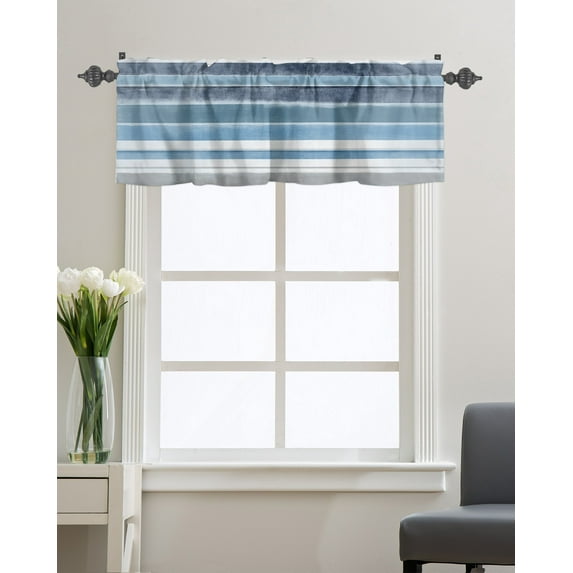 Kitchen Cafe Valance Curtain for Small Windows,Retro Nothern Europe Stripe Rod Pocket Short Valances Vintage Blue White Window Treatment Panel for Living Room/Bedroom/Bathroom,42x12in