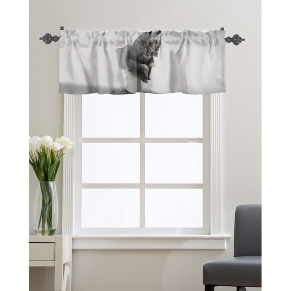Kitchen Cafe Valance Curtain for Small Windows,Rhinoceros Sitting on the Toilet Rod Pocket Short Valances Gray Funny Animals Art Window Treatment Panel for Living Room/Bedroom/Bathroom,42x12in