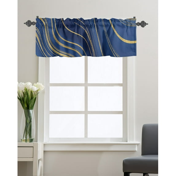 Kitchen Cafe Valance Curtain for Small Windows,Royal Blue Stripes Gold Inlay Rod Pocket Short Valances Liquid Abstract Ripple Curve Window Treatment Panel for Living Room/Bedroom/Bathroom,60x18in