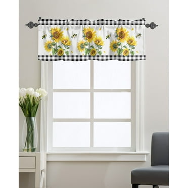 Kitchen Cafe Valance Curtain for Small Windows,Rustic Farm Sunflowers Rod Pocket Short Valances Black White Buffalo Checker Window Treatment Panel for Living Room/Bedroom/Bathroom,54x18in