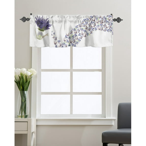 Kitchen Cafe Valance Curtain for Small Windows,Rustic Lavender Floral in Can Rod Pocket Short Valances FarmHouse Butterfly Window Treatment Panel for Living Room/Bedroom/Bathroom,42x12in