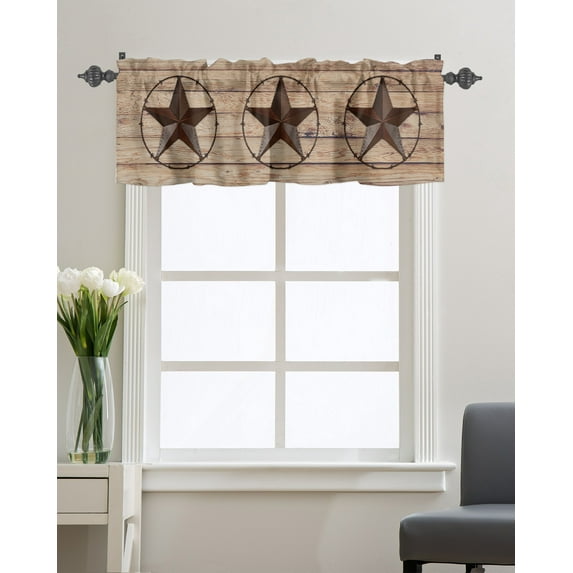 Kitchen Cafe Valance Curtain for Small Windows,Rustic Western Country Star Vintage Wooden Plank Rod Pocket Short Valances Wood Grain Window Treatment Panel for Living Room/Bedroom/Bathroom,42x18in