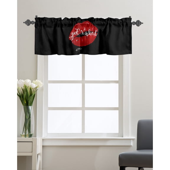 Kitchen Cafe Valance Curtain for Small Windows,Sexy Funny Kiss Lip Print Rod Pocket Valances Red Lipstick and White Quote on Black Window Treatment Panel for Living Room/Bedroom/Bathroom,42x12in