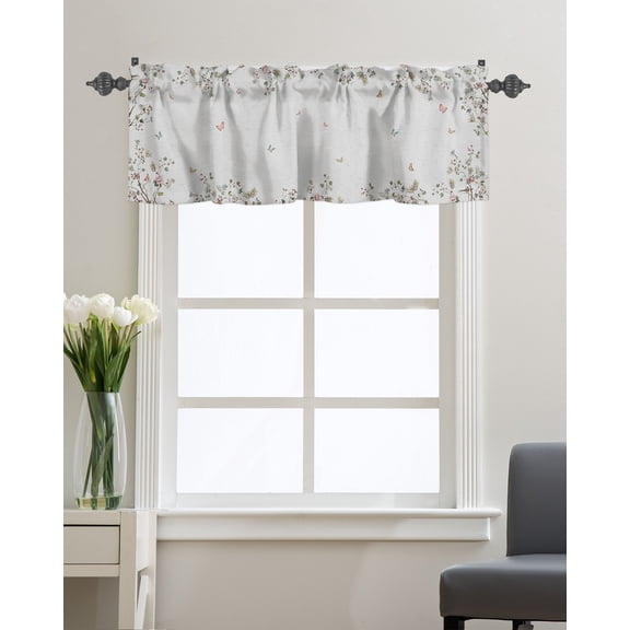 Kitchen Cafe Valance Curtain for Small Windows,Spring Garden Flower Plants Art Rod Pocket Valances Retro Butterfly with Floral Tree Window Treatment Panel for Living Room/Bedroom/Bathroom,42x12in