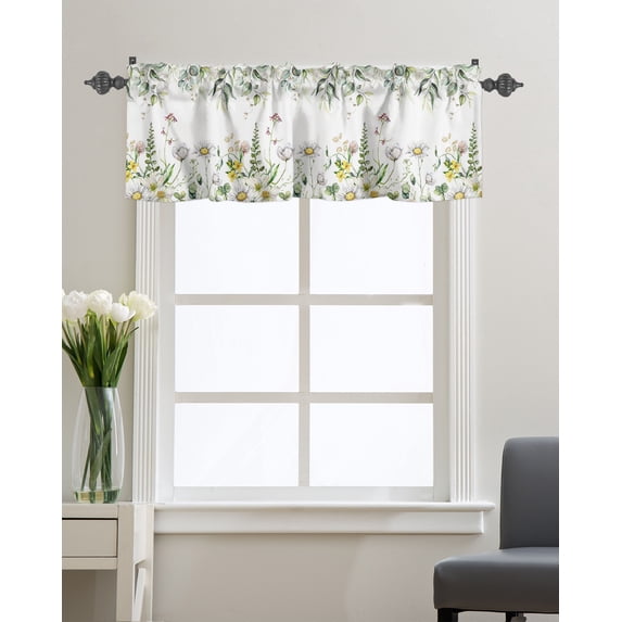 Kitchen Cafe Valance Curtain for Small Windows,Spring Watercolor Pastoral Daisy Rod Pocket Valances Botanical Leaves Plants Flower Window Treatment Panel for Living Room/Bedroom/Bathroom,60x18in