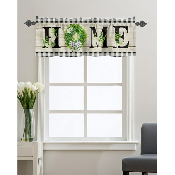 Kitchen Cafe Valance Curtain for Small Windows,Spring White Flowers Leaf and Wreath Rod Pocket Valances Farm Rustic Wood and Checker Window Treatment Panel for Living Room/Bedroom/Bathroom,60x18in