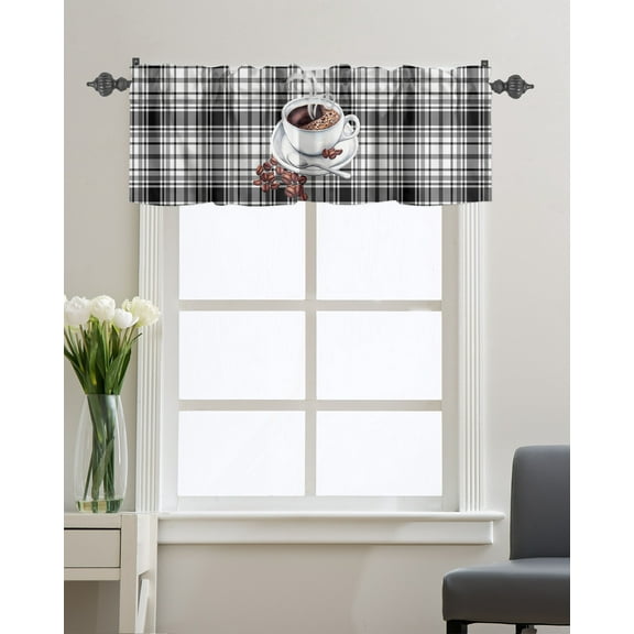 Kitchen Cafe Valance Curtain for Small Windows,Steaming Coffee Bean White Cup Rod Pocket Short Valances Black and White Stripe Lattice Window Treatment Panel for Living Room/Bedroom/Bathroom,42x12in
