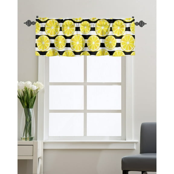 Kitchen Cafe Valance Curtain for Small Windows,Summer Farm Yellow Lemon Slice Rod Pocket Valances Fruit on Black and White Stripes Window Treatment Panel for Living Room/Bedroom/Bathroom,54x18in