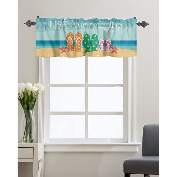 Kitchen Cafe Valance Curtain for Small Windows,Summer Flip Flops on Sandbeach Rod Pocket Short Valances Starfish Conch on Seaside Window Treatment Panel for Living Room/Bedroom/Bathroom,42x18in