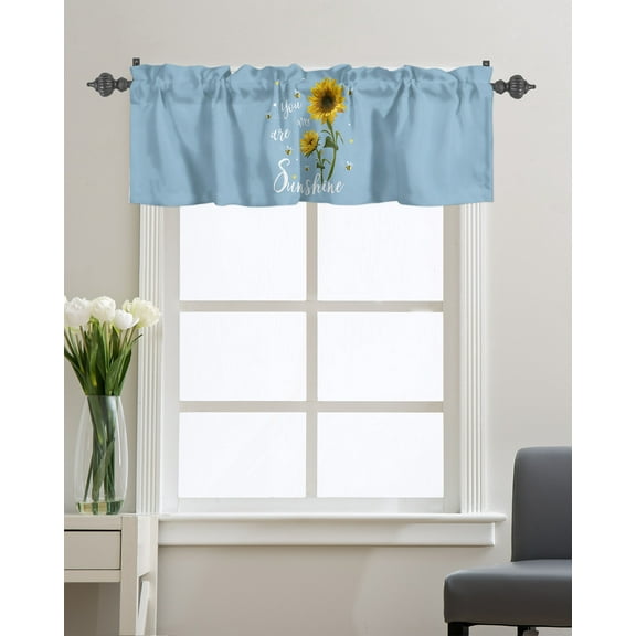 Kitchen Cafe Valance Curtain for Small Windows,Sunflower with Sunshine Text Rod Pocket Short Valances Farm Bees Floral on Blue Window Treatment Panel for Living Room/Bedroom/Bathroom,54x18in