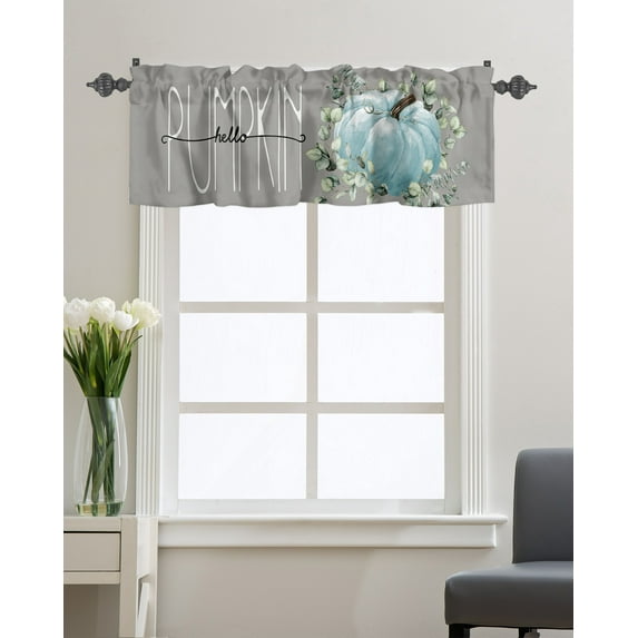 Kitchen Cafe Valance Curtain for Small Windows,Thanksgiving Autumn Pumpkin Leaves Rod Pocket Short Valances Watercolor Foliage on Gray Window Treatment Panel for Living Room/Bedroom/Bathroom,60x18in