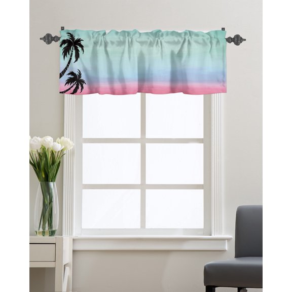 Kitchen Cafe Valance Curtain for Small Windows,Tropical Palm Tree Silhouette Rod Pocket Short Valances Summer Teal Pink Sunset Glow Window Treatment Panel for Living Room/Bedroom/Bathroom,60x18in