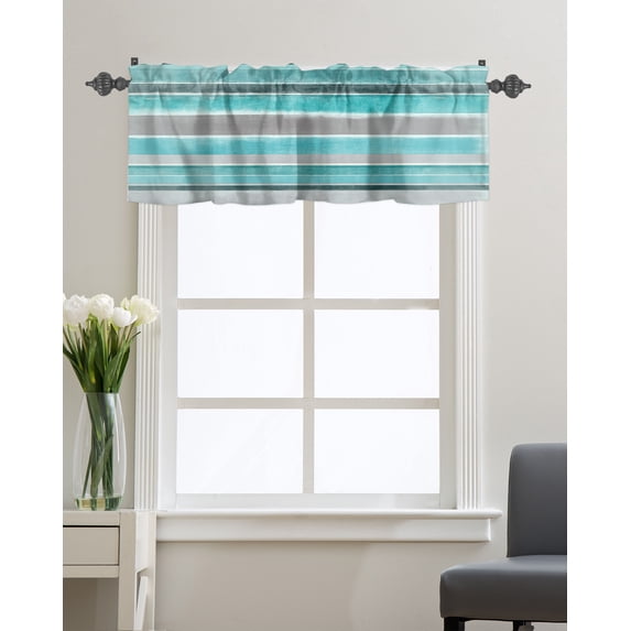 Kitchen Cafe Valance Curtain for Small Windows,Turquoise Gray Striped Rod Pocket Short Valances Vintage Horizontal Stripes Window Treatment Panel for Living Room/Bedroom/Bathroom,42x18in