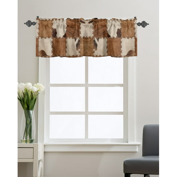 Kitchen Cafe Valance Curtain for Small Windows,Vintage Cattlehide Leather Splicing Art Rod Pocket Valances Cow Animal Skin Texture Window Treatment Panel for Living Room/Bedroom/Bathroom,42x18in