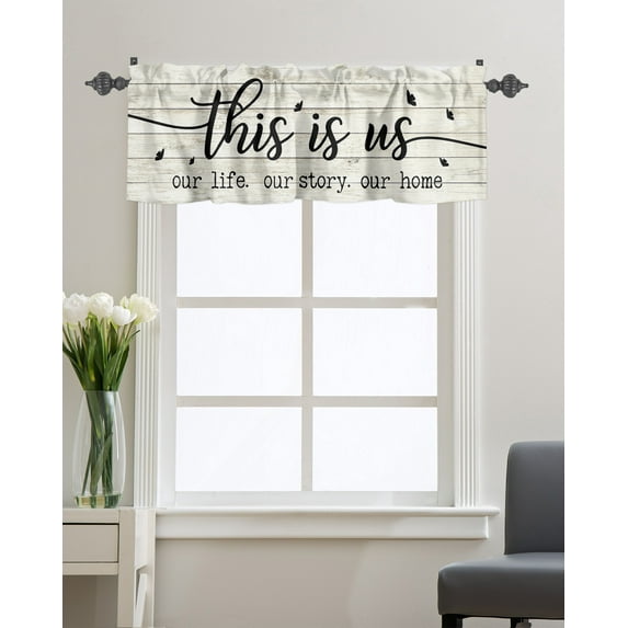Kitchen Cafe Valance Curtain for Small Windows,Vintage Farmhouse Wooden Board Rod Pocket Valances This is Us Our life Our Story Our Home Window Treatment for Living Room/Bedroom/Bathroom,42x12in