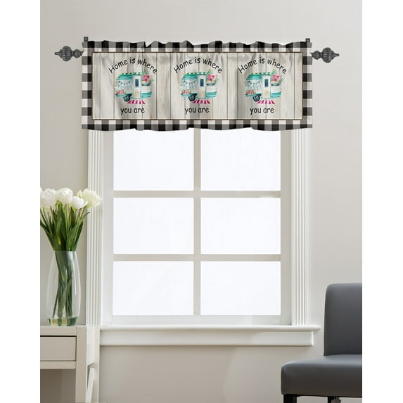 Kitchen Cafe Valance Curtain for Small Windows,Watercolor Camping RV and Flowers Rod Pocket Short Valances Buffalo Grid and Wood Grain Window Treatment Panel for Living Room/Bedroom/Bathroom,54x18in