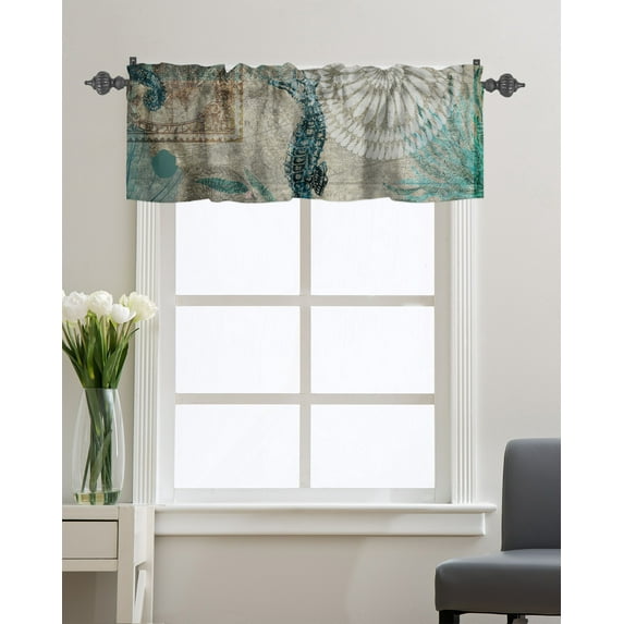 Kitchen Cafe Valance Curtain for Small Windows,Watercolor Marine Ocean Life Seahorse Rod Pocket Valances Vintage Nautical Map Back Window Treatment Panel for Living Room/Bedroom/Bathroom,60x18in