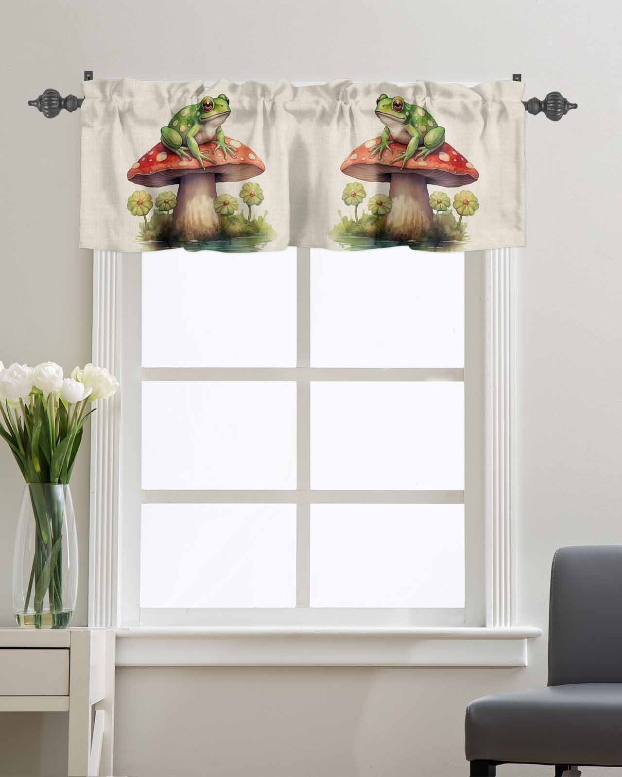 Kitchen Cafe Valance Curtain for Small Windows,Watercolor Mushroom Frog