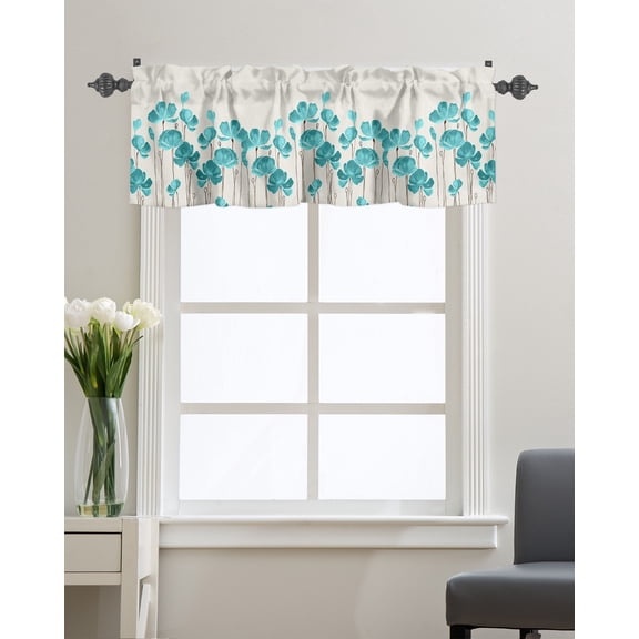 Kitchen Cafe Valance Curtain for Small Windows,Watercolor Teal Poppy Blossom Flower Rod Pocket Valances Garden Floral on Burlap Cotton Window Treatment Panel for Living Room/Bedroom/Bathroom,42x12in