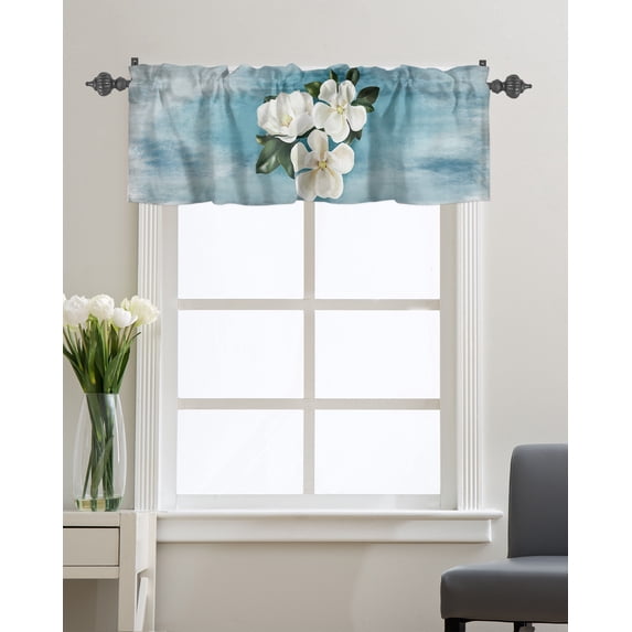 Kitchen Cafe Valance Curtain for Small Windows,Watercolor White Blossom Flowers with Leaf Rod Pocket Valances Natural Floral Plant Window Treatment Panel for Living Room/Bedroom/Bathroom,54x18in