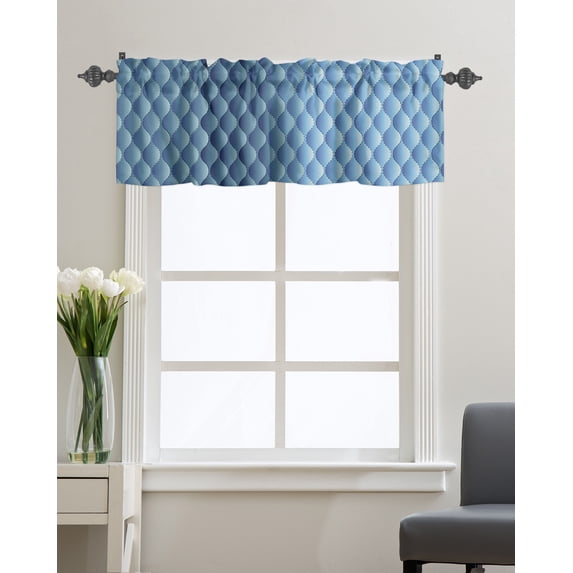 Kitchen Cafe Valance Curtain for Small Windows,Wave Dotted Line Texture Rod Pocket Short Valances Modern Blue Gradient Ombre Window Treatment Panel for Living Room/Bedroom/Bathroom,42x12in