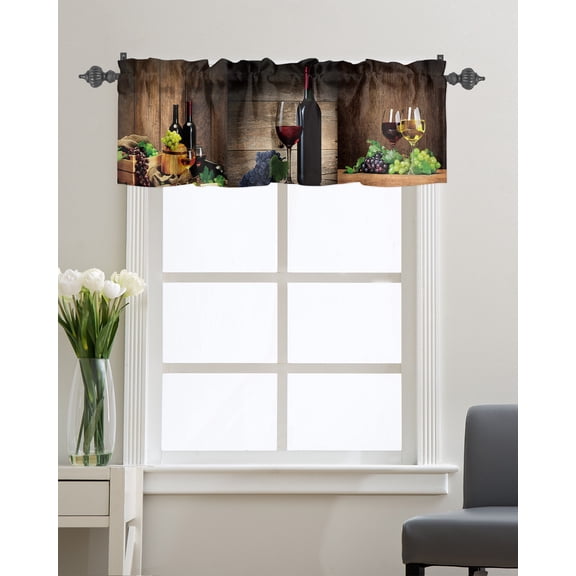 Kitchen Cafe Valance Curtain for Small Windows,Wine Grape Glass and Barrel Rod Pocket Short Valances Vintage Wooden Board Window Treatment Panel for Living Room/Bedroom/Bathroom,42x12in