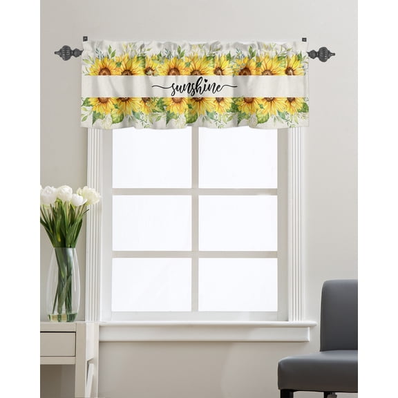 Kitchen Cafe Valance Curtain for Small Windows,Yellow Sunflower and Green Leaves Rod Pocket Valances Floral Sunshine Word on Linen Window Treatment Panel for Living Room/Bedroom/Bathroom,42x12in