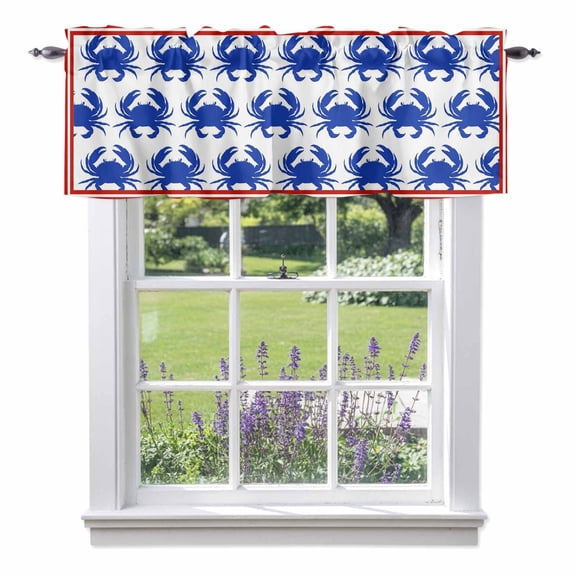 Kitchen Cafe Valance Curtain for Small Windows,Abstract Blue Crab Pattern Rod Pocket Short Valances,42x12in
