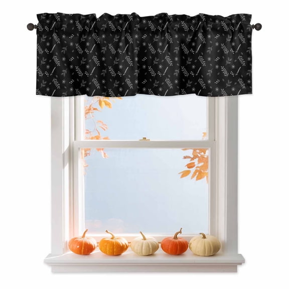 Kitchen Cafe Valance Curtain for Small Windows,Abstract Flower Leaves on Black Rod Pocket Short Valances,42x18in