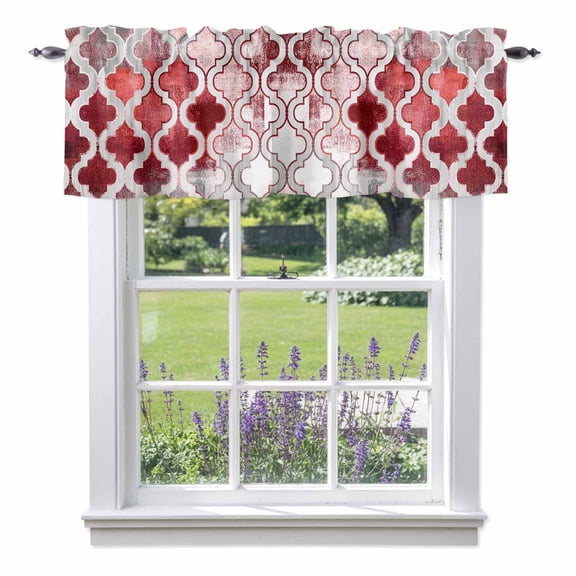 Kitchen Cafe Valance Curtain for Small Windows,Abstract Red Gray Geometric Art Rod Pocket Short Valances,54x18in