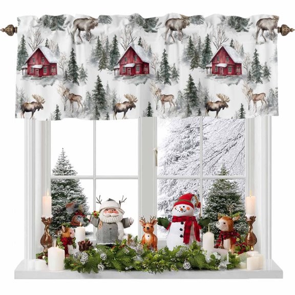 Kitchen Cafe Valance Curtain for Small Windows,Abstract Winter Red Barn Deer Rod Pocket Short Valances,42x18in