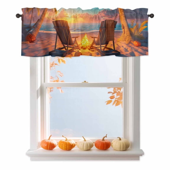 Kitchen Cafe Valance Curtain for Small Windows,Autumn Beach Campfire Pumpkin Rod Pocket Short Valances,42x12in