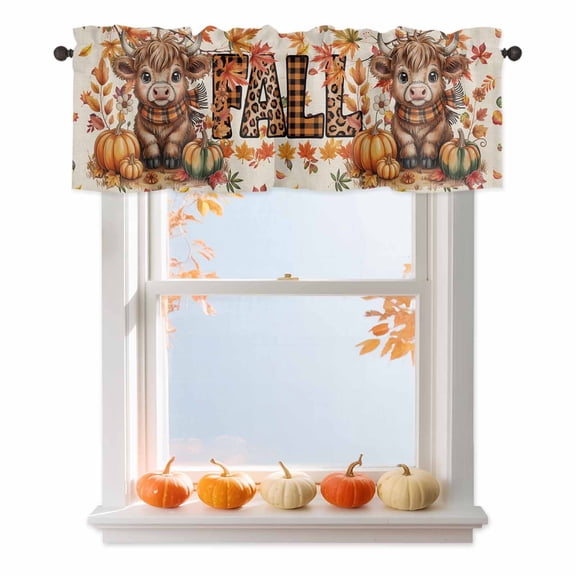 Kitchen Cafe Valance Curtain for Small Windows,Autumn Cattle Pumpkin Maple Leaf Rod Pocket Short Valances,60x18in