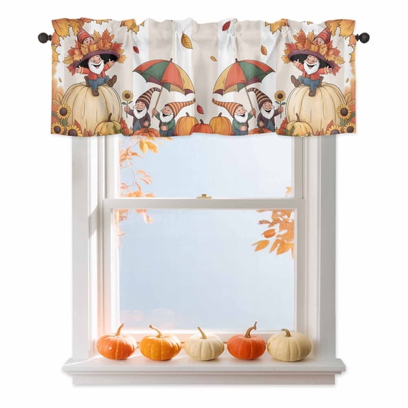 Kitchen Cafe Valance Curtain for Small Windows,Autumn Cute Gnome Pumpkin Maple Leaf Rod Pocket Short Valances,42x18in
