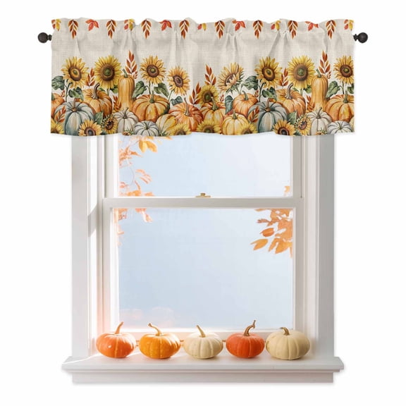 Kitchen Cafe Valance Curtain for Small Windows,Autumn Farm Plants on Linen Rod Pocket Short Valances,54x18in