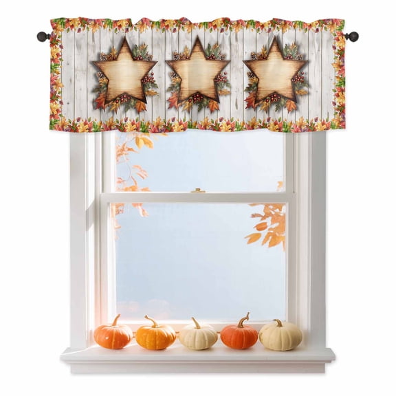 Kitchen Cafe Valance Curtain for Small Windows,Autumn Maple Leaf on Wood Grain Rod Pocket Short Valances,60x18in