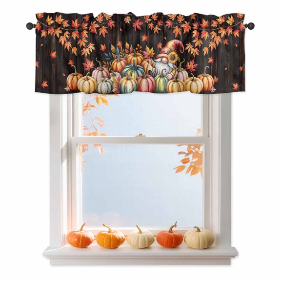 Kitchen Cafe Valance Curtain for Small Windows,Autumn Pumpkin Gnome on Brown Wood Rod Pocket Short Valances,60x18in