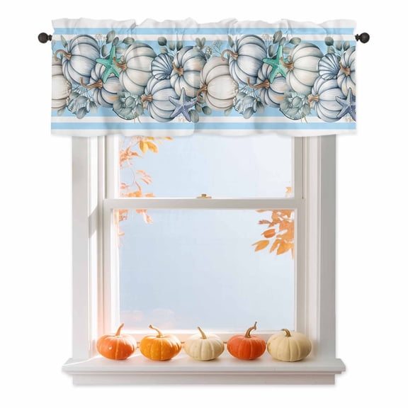 Kitchen Cafe Valance Curtain for Small Windows,Autumn Pumpkin Shell Starfish Leaves Rod Pocket Short Valances,54x18in