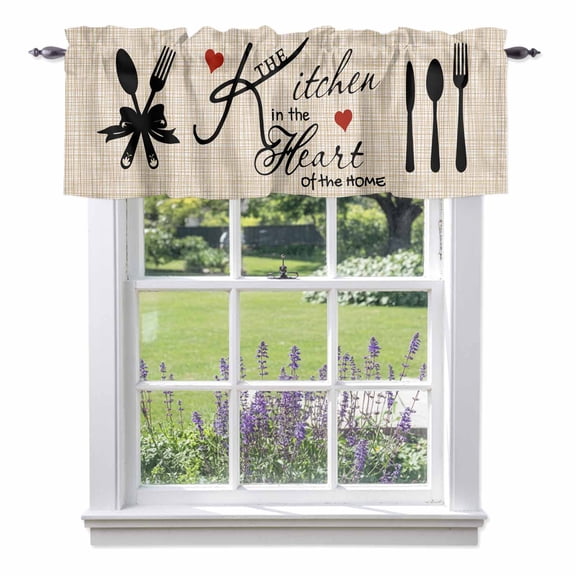 Kitchen Cafe Valance Curtain for Small Windows,Beige Plaid Tableware Silhouette Rod Pocket Short Valances,42x12in