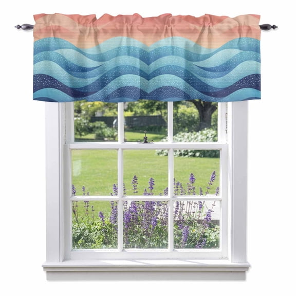 Kitchen Cafe Valance Curtain for Small Windows,Blue Peach Layered Ocean Waves Rod Pocket Short Valances,42x12in