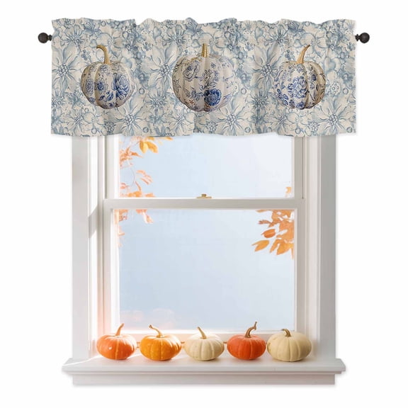 Kitchen Cafe Valance Curtain for Small Windows,Blue and White Porcelain Pumpkin Rod Pocket Short Valances,42x18in