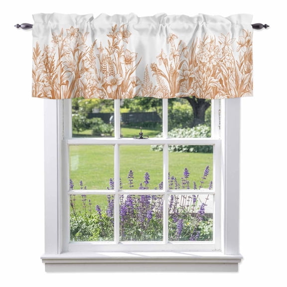 Kitchen Cafe Valance Curtain for Small Windows,Brown Iris Flower Lavender on White Rod Pocket Short Valances,42x12in