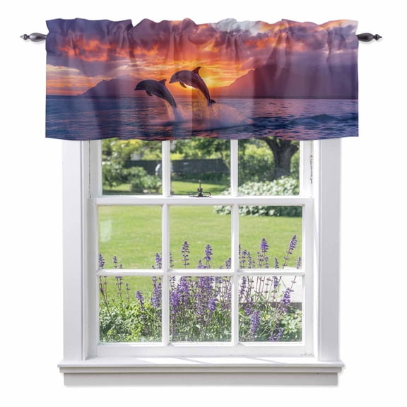 Kitchen Cafe Valance Curtain for Small Windows,Coastal Ocean Dolphins Sunset Rod Pocket Short Valances,42x12in