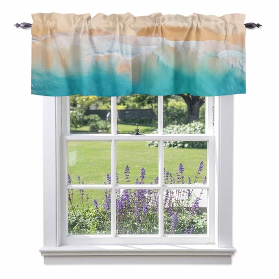 Kitchen Cafe Valance Curtain for Small Windows,Coastal Turquoise Waves on Beach Rod Pocket Short Valances,42x12in