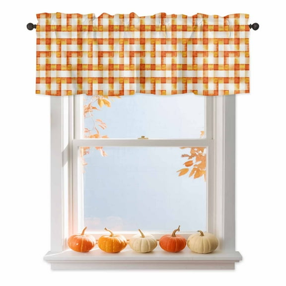 Kitchen Cafe Valance Curtain for Small Windows,Fall Orange Buffalo Plaid Rod Pocket Short Valances,42x18in