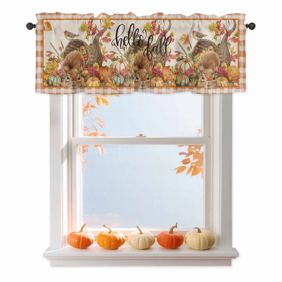 Kitchen Cafe Valance Curtain for Small Windows,Fall Pumpkin Fruit Cornucopia Cute Squirrel on Linen Short Valances,60x18in