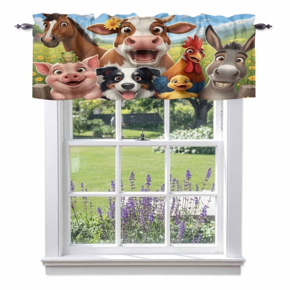 Kitchen Cafe Valance Curtain for Small Windows,Farm Animal Pig Chickens Cows Rod Pocket Short Valances,42x12in