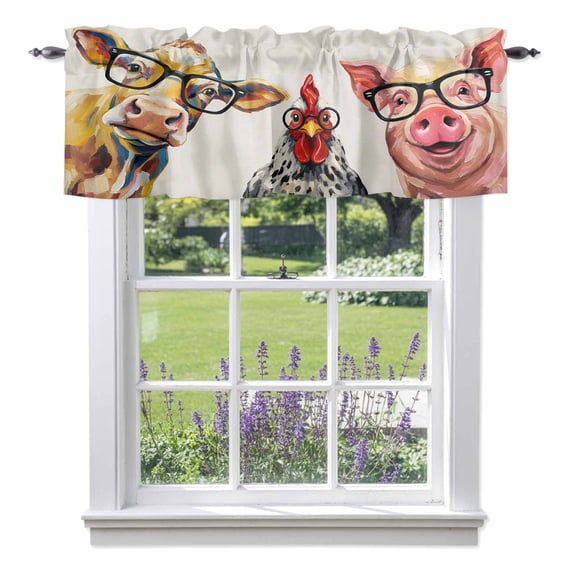 Kitchen Cafe Valance Curtain for Small Windows,Farm Animals Cow Chicken Pig Rod Pocket Short Valances,42x12in