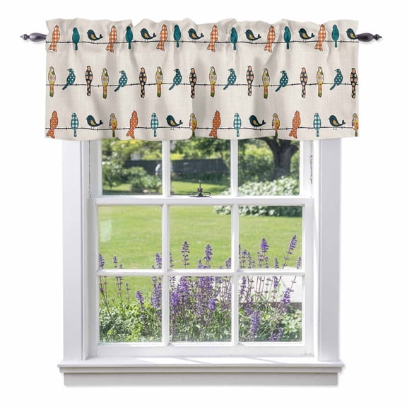 Kitchen Cafe Valance Curtain for Small Windows,Farm Funny Buffalo Plaid Birds on Wire Rod Pocket Short Valances,54x18in