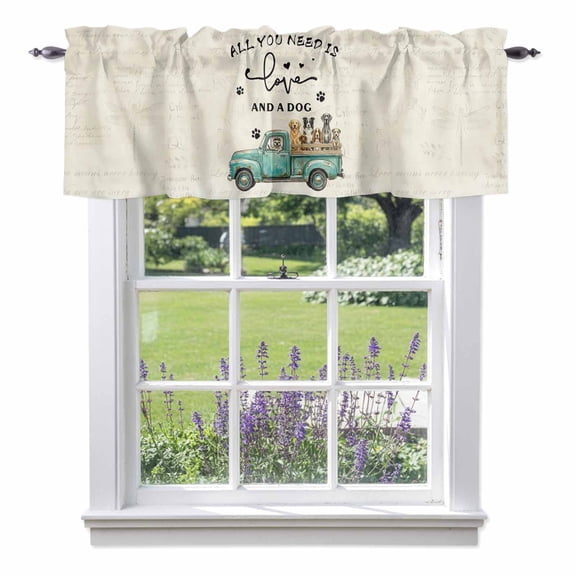 Kitchen Cafe Valance Curtain for Small Windows,Farm Green Old-fashioned Trucks Dog Rod Pocket Short Valances,42x12in